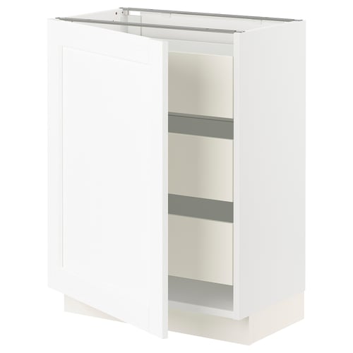 White SEKTION kitchen cabinet with one door open, showing shelves.