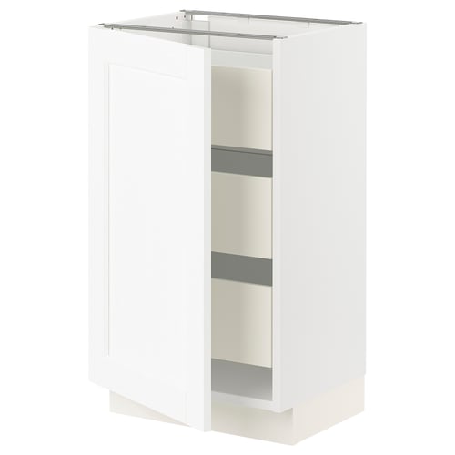 An ikea SEKTION kitchen cabinet in white with three shelves. It a simple, modern design with a smooth finish.