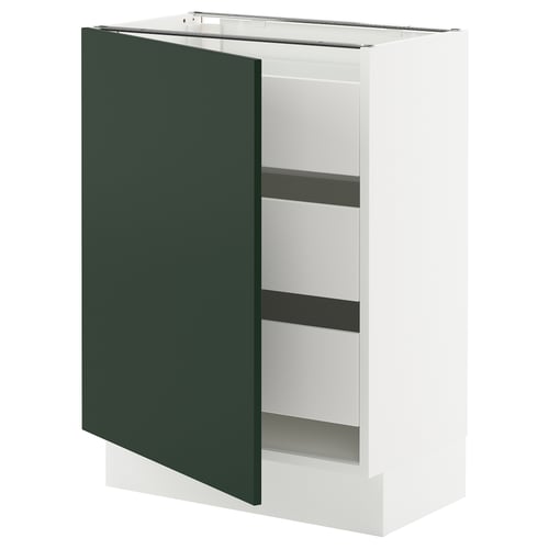 SEKTION kitchen cabinet in deep green with white interior and three shelves. Square and modern design.