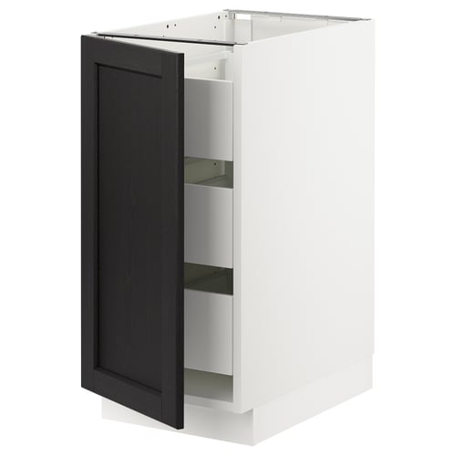 White kitchen unit, dark grey door, glass shelves, sleek design.