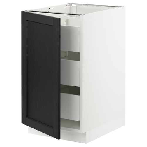 Modern kitchen cabinet, white & black, wooden, rectangular, with open door showcasing shelves.