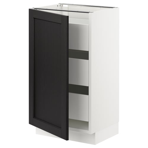 SEKTION kitchen cabinet, white with dark wood door, open showing shelves.