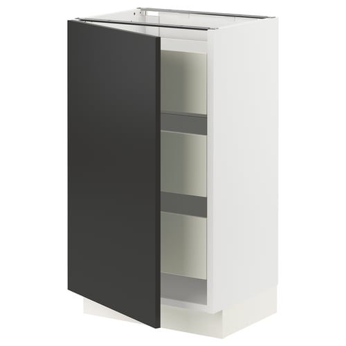 Modern black-and-white kitchen cabinet, rectangular with glass shelves.