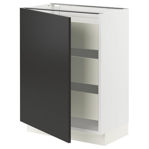 Modern kitchen cabinet in white and black, featuring glass shelves inside.