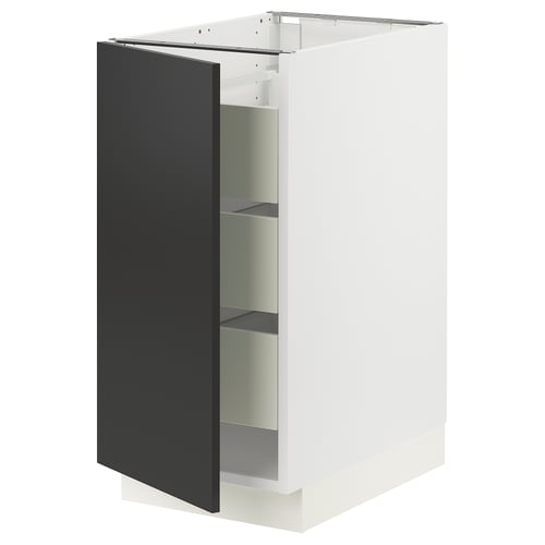 Modern white kitchen cabinet with black door, sleek design.