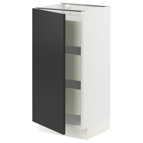 SEKTION kitchen unit, black door, white frame, sleek modern design, open door revealing shelves.