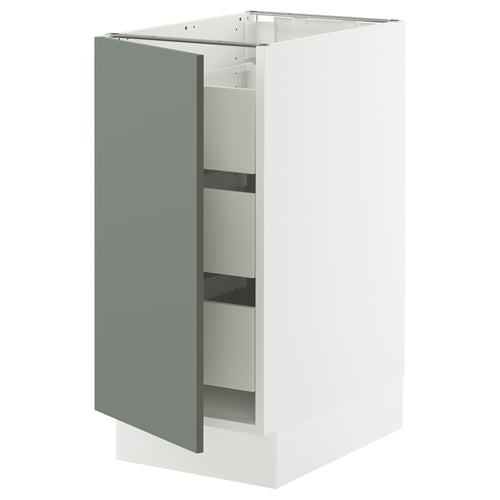 Modern kitchen cabinet, white w/ grey-green door, minimalist design.