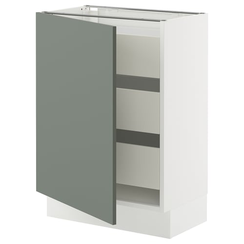 An ikea SEKTION kitchen cabinet in grey-green with a white interior and shelves.