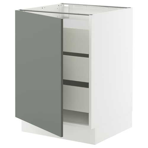Ikea SEKTION kitchen cabinet in matt grey-green with a white frame and three shelves, rectangular shape, modern design.