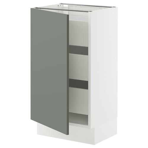 SEKTION kitchen cabinet in grey-green with white frame, open door revealing shelves, modern design.