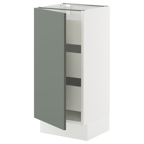 This image the ikea SEKTION kitchen cabinet with a greenish-gray door and a white frame, designed for storage with adjustable shelves.