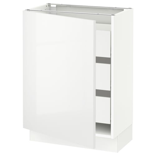 White high-gloss ikea SEKTION kitchen cabinet with three shelves.