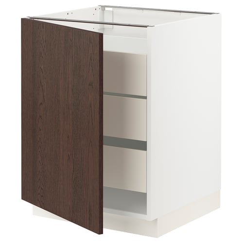 Modern white kitchen cabinet with dark wood door, three shelves, and sleek design.