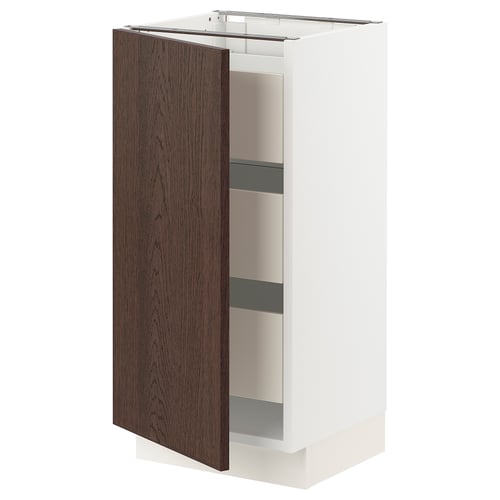 An ikea SEKTION kitchen cabinet with a dark brown sinarp door. It has a wooden edge and a minimalist design.
