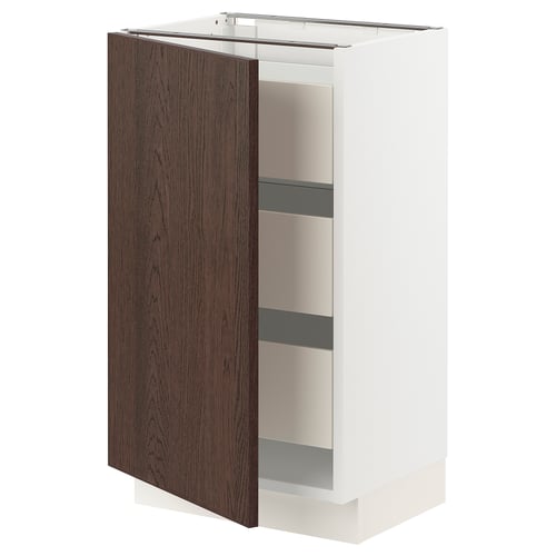 White cabinet with dark wood door, two shelves, modern design.