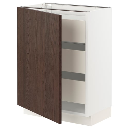 SEKTION kitchen cabinet with dark brown woodgrain door opened.