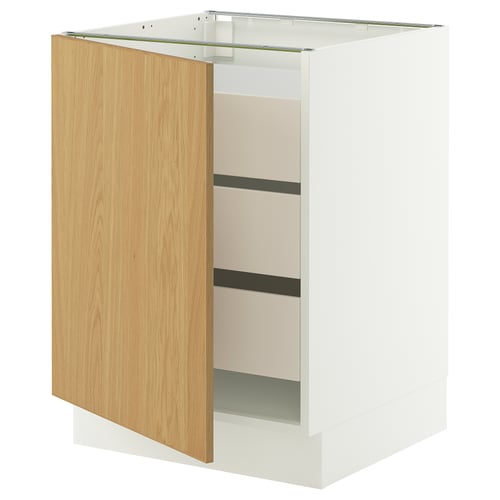 Ikea SEKTION white kitchen cabinet with oak door. Open design reveals three shelves, viewed from the side.