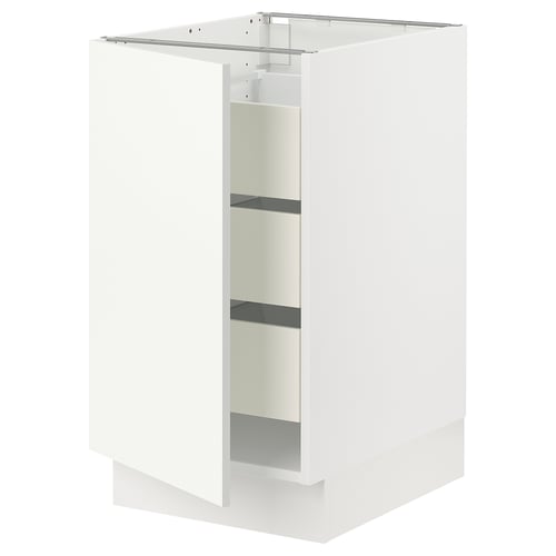 An open white ikea SEKTION kitchen cabinet with two shelves. The cabinet is rectangular and made of particle board.