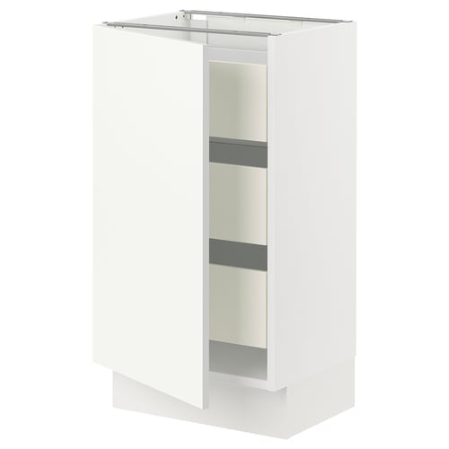 An ikea SEKTION white kitchen cabinet with a single door and two shelves.