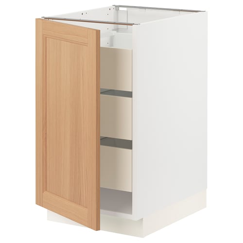 SEKTION kitchen cabinet in white with oak door open, showing shelves inside.