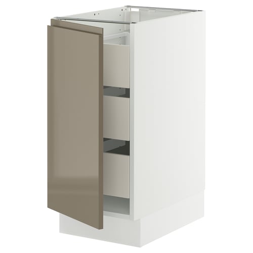 SEKTION kitchen cabinet in high gloss white with dark grey-brown door, modern design.