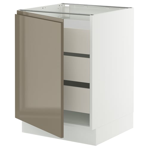 SEKTION kitchen cabinet in white with voxtorp dark grey-brown high gloss door, sleek, modern design.