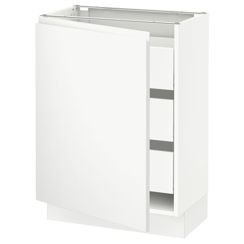 An ikea SEKTION kitchen cabinet in matte white with a modern, minimalist design. It a door and two open shelves, supported by a sturdy frame.
