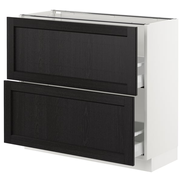 SEKTION kitchen unit in black with wooden drawers.