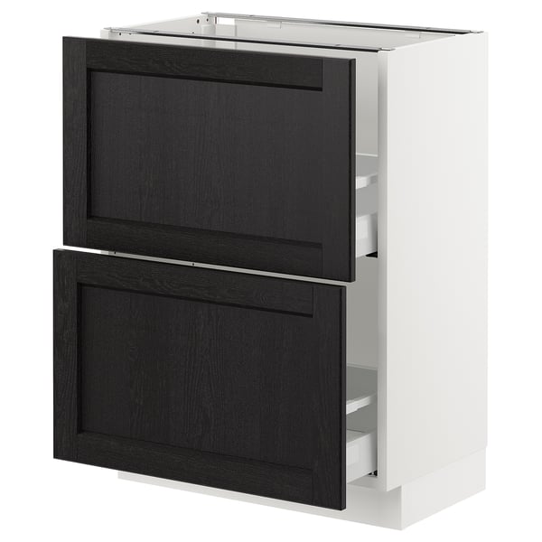 An ikea SEKTION kitchen cabinet in white with black stained wooden drawers and doors, featuring a sleek, modern design with beveled edges.