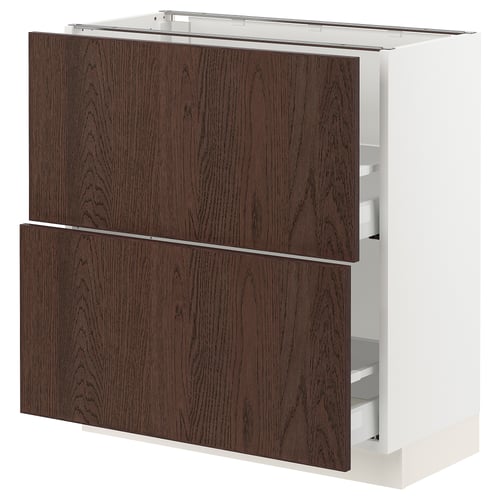 SEKTION kitchen cabinet with dark brown sinarp wood, white frame, two drawers, rectangular shape.