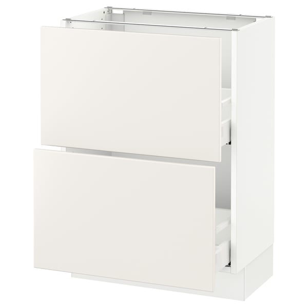A white SEKTION kitchen cabinet with two drawers and a door.