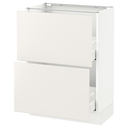 A white SEKTION kitchen cabinet with two drawers and a door.