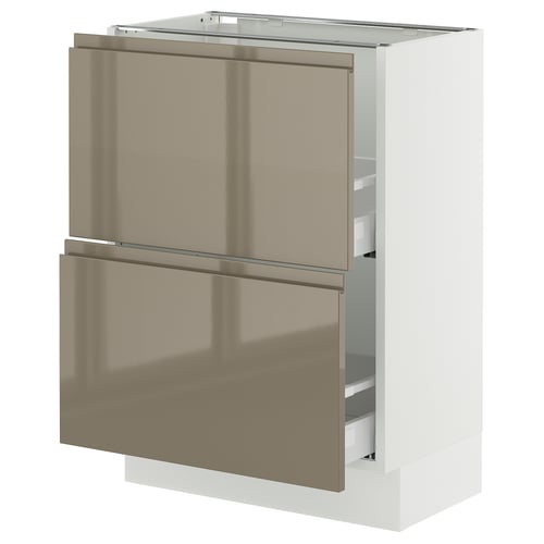 Modern white kitchen cabinet with high-gloss dark grey-brown drawers, sleek handles.
