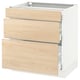 SEKTION kitchen cabinet in light ash wood, white frame, three drawers.