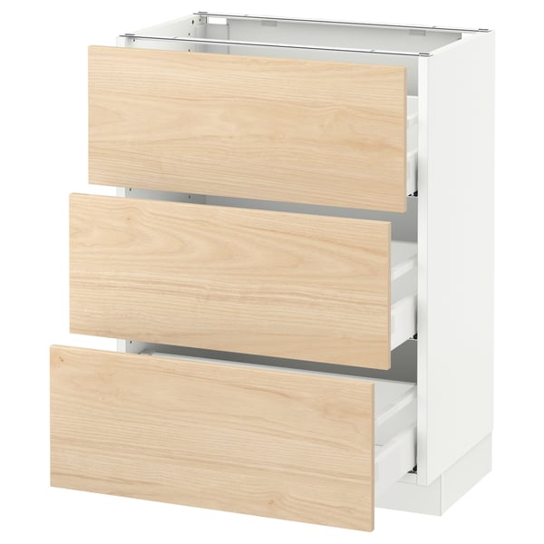 An ikea SEKTION kitchen cabinet with three wood-patterned drawers in light ash.