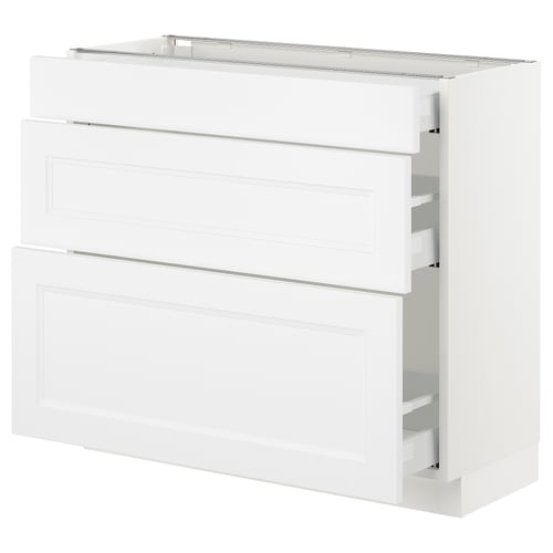 A white SEKTION kitchen cabinet with drawers and shelves. The design is sleek and modern.