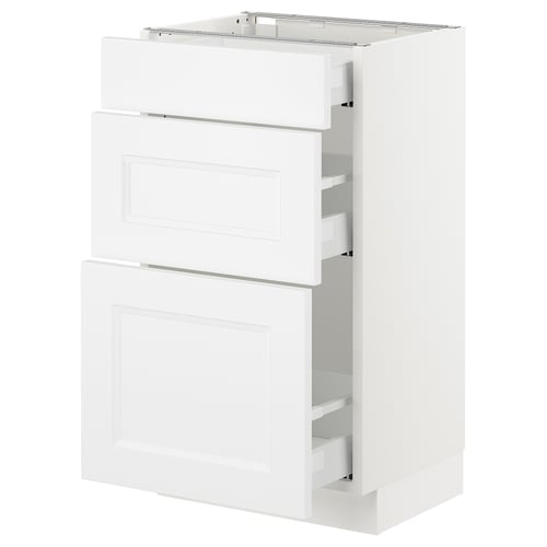 A white SEKTION kitchen cabinet with two drawers and open shelves. The design is modern and minimalistic.