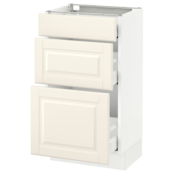 Displays a white SEKTION kitchen cabinet with two drawers. It off-white bodbyn fronts and smooth-running drawers.