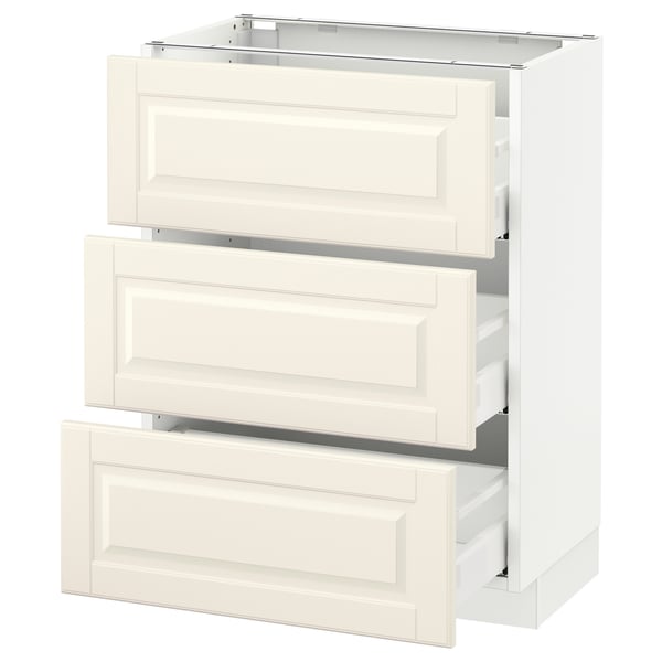 An off-white SEKTION kitchen cabinet with bevelled drawer fronts. It has three full-extension drawers with a traditional design.