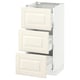 An off-white SEKTION kitchen cabinet with three open drawers, a smooth finish, and classic design.