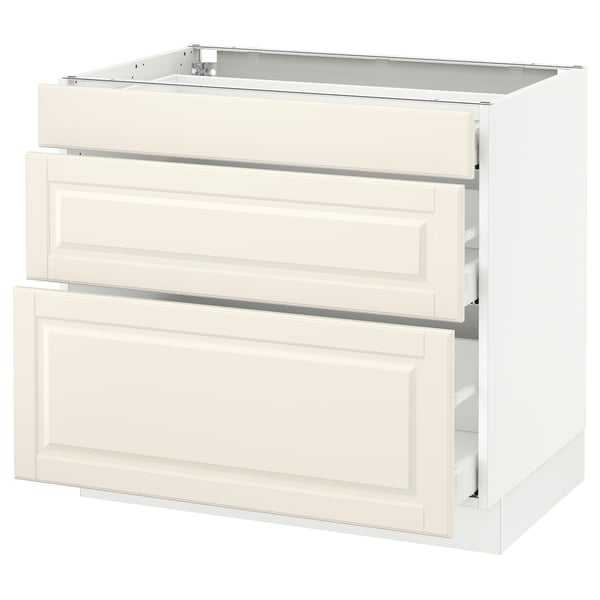 An off-white SEKTION kitchen cabinet with three drawers, featuring a classic design with bevelled drawer fronts.