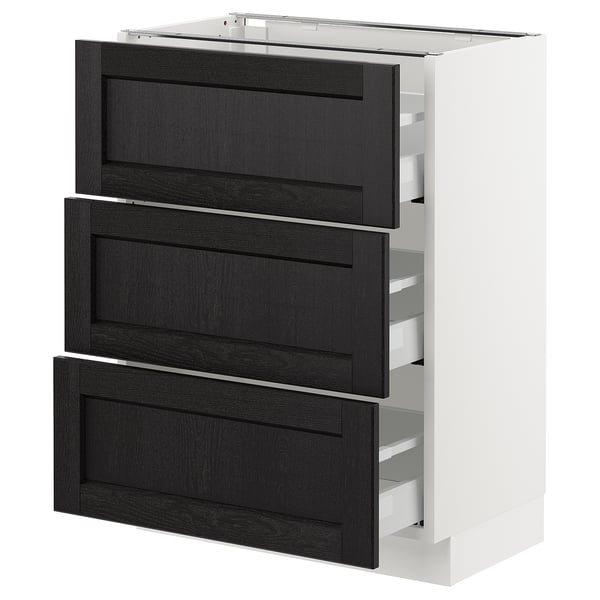 Modern kitchen cabinet with 4 drawers, black wood fronts, and white frame.