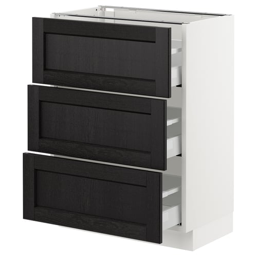 Modern kitchen cabinet with 4 drawers, black wood fronts, and white frame.