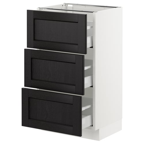 White kitchen cabinet with 3 black drawers, dark wood grain, bevelled edges.