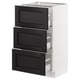White kitchen cabinet with 3 black drawers, dark wood grain, bevelled edges.