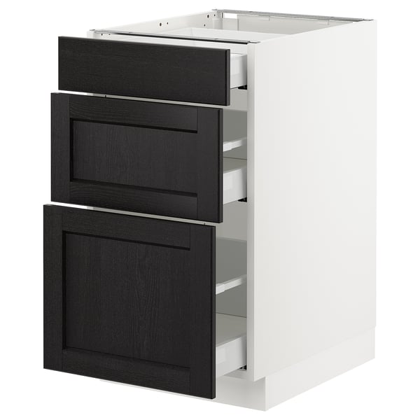 SEKTION kitchen cabinet: white base, dark wood drawers, three drawers, modern traditional design.