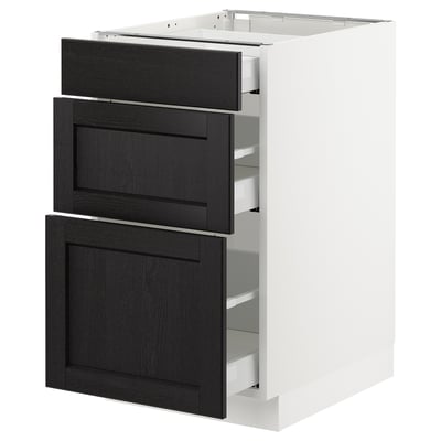 SEKTION kitchen cabinet: white base, dark wood drawers, three drawers, modern traditional design.