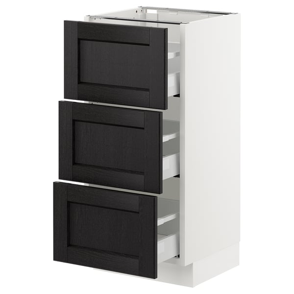 SEKTION kitchen cabinet with 3 black drawers, modern design, white frame, dark wood finish.