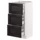 SEKTION kitchen cabinet with 3 black drawers, modern design, white frame, dark wood finish.