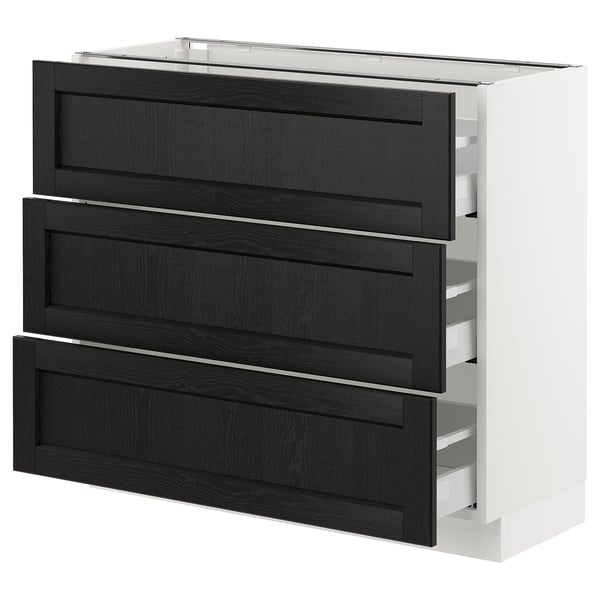 Modern black stained ash kitchen cabinet with bevelled edges in rectangular shape, three drawers, sleek and elegant design.